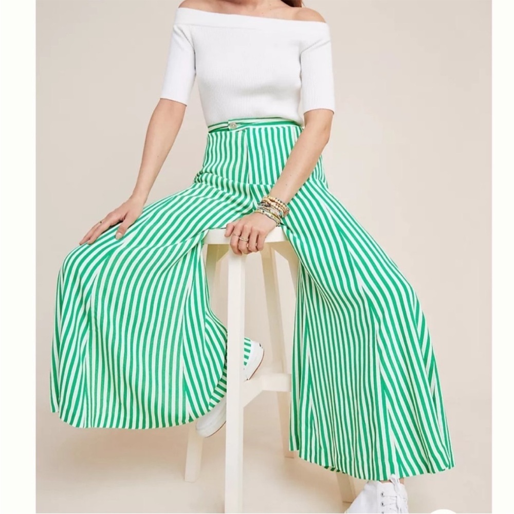 Wide-Leg Striped Green & White Pants